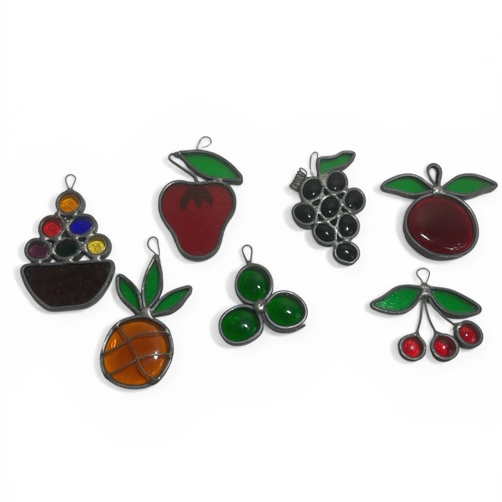 Vintage Stained Glass Pear Apple Cherries Fruit 3” Window Ornament Suncatcher Fr